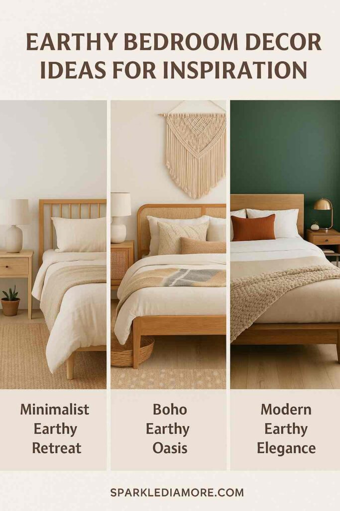 Three earthy bedroom decor styles including minimalist retreat, boho oasis, and modern elegance with natural wood furniture and neutral tones.