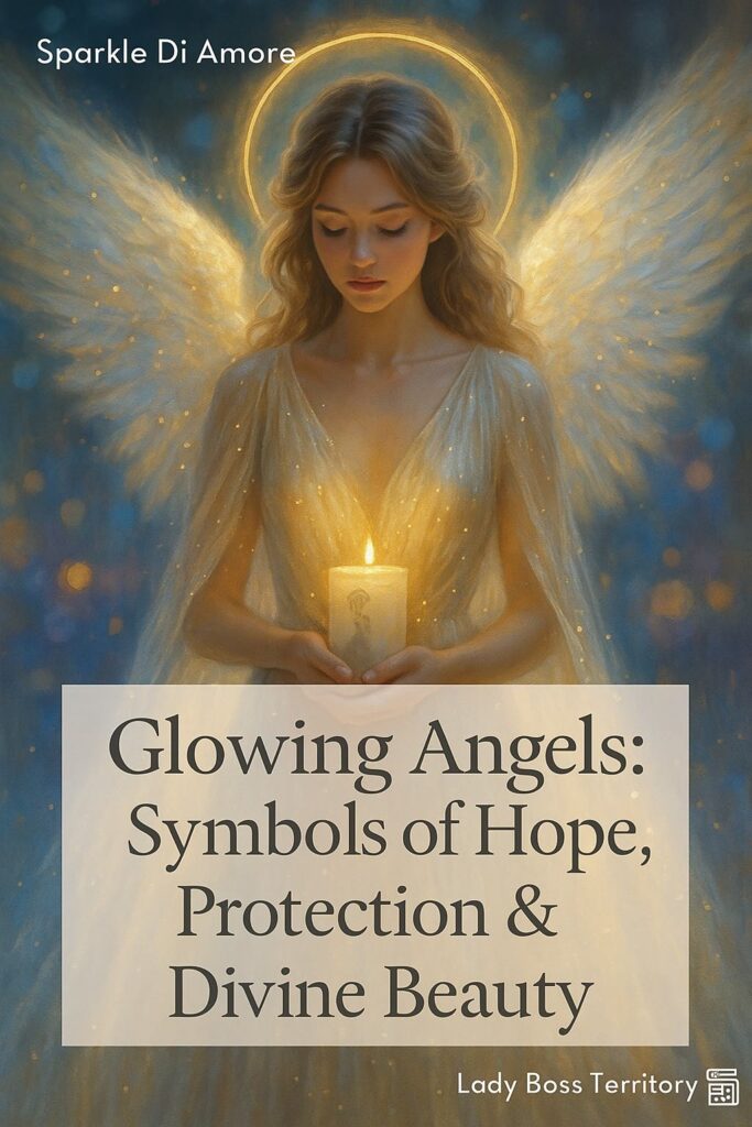 Glowing angel with golden halo and wings holding a candle, symbolizing hope, protection, and divine beauty in modern spiritual art.