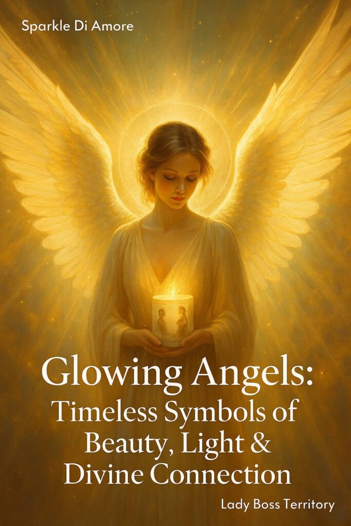 Golden glowing angel with radiant wings and halo holding a candle, symbolizing beauty, light, and divine connection in spiritual art.
