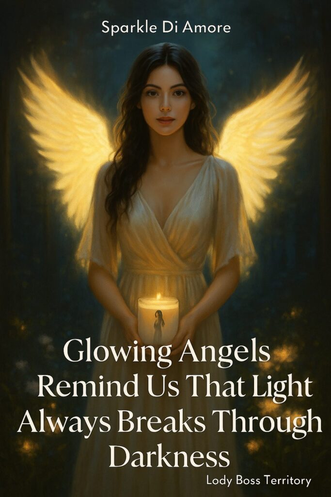 Glowing angel with golden wings holding a candle, symbolizing light breaking through darkness and divine protection.