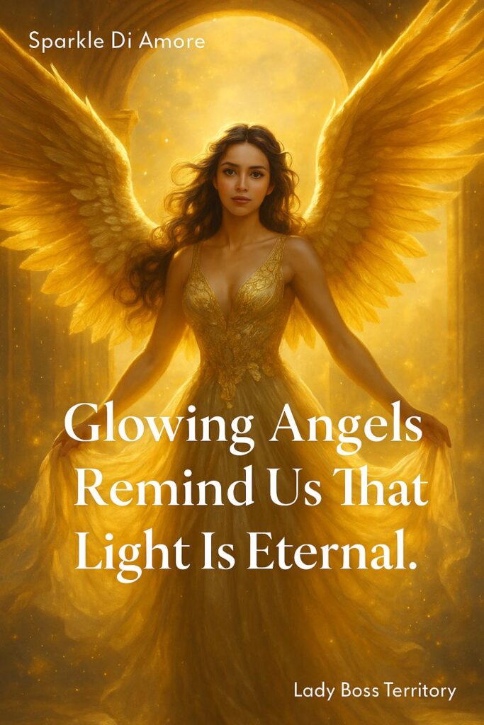 Golden glowing angel with radiant wings and divine light, symbolizing eternal hope, protection, and spiritual strength.