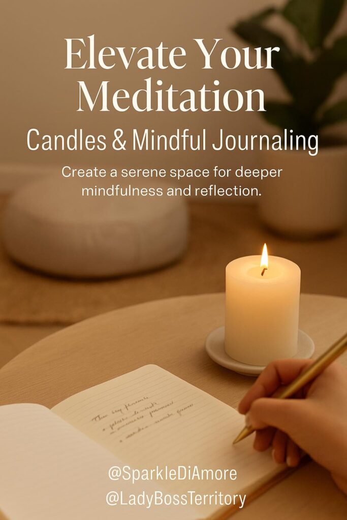 Lit candle and mindful journaling setup on a wooden table to elevate your meditation practice