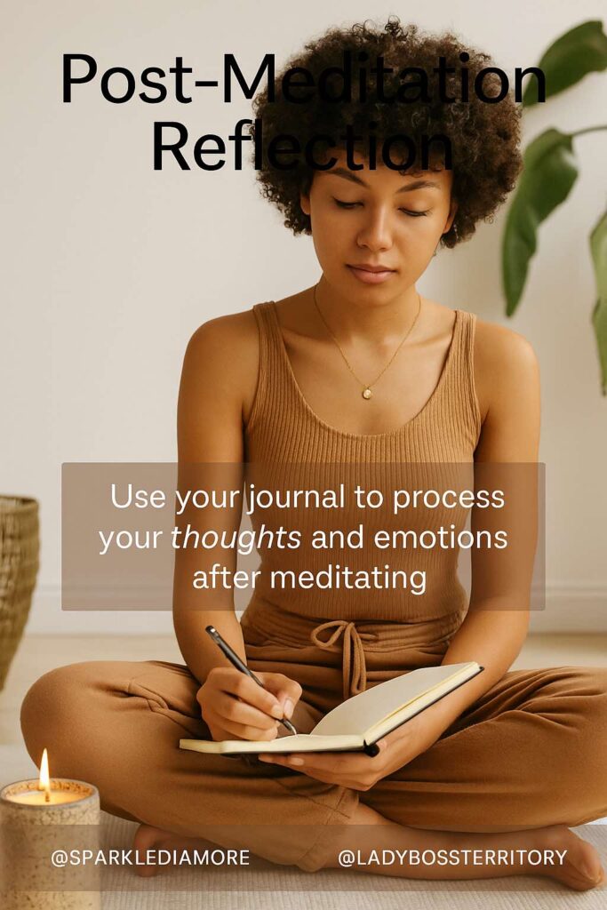 Woman journaling in a seated pose after meditation with a candle lit beside her, practicing post-meditation reflection.