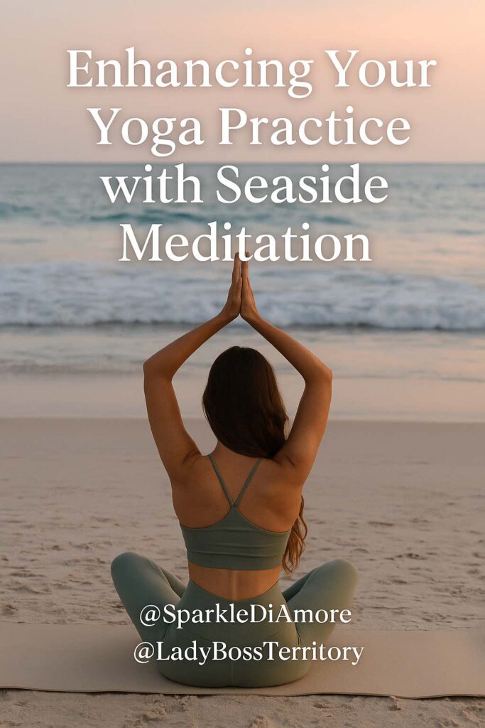 Woman meditating on a beach at sunset with hands in prayer above head, practicing yoga and seaside mindfulness