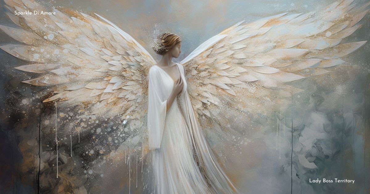 A modern art depiction of an angel with soft white wings accented by golden tones, symbolizing spiritual growth, resilience, and empowerment.