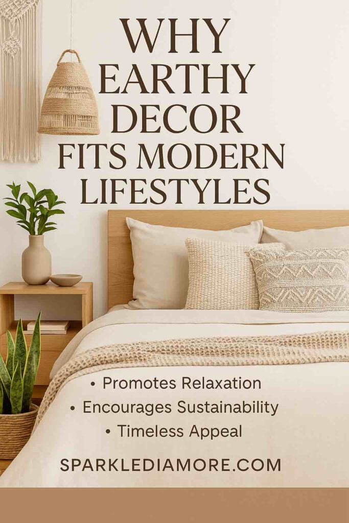 Earthy bedroom decor with natural tones, cozy textiles, and greenery highlighting why this style suits modern sustainable lifestyles.