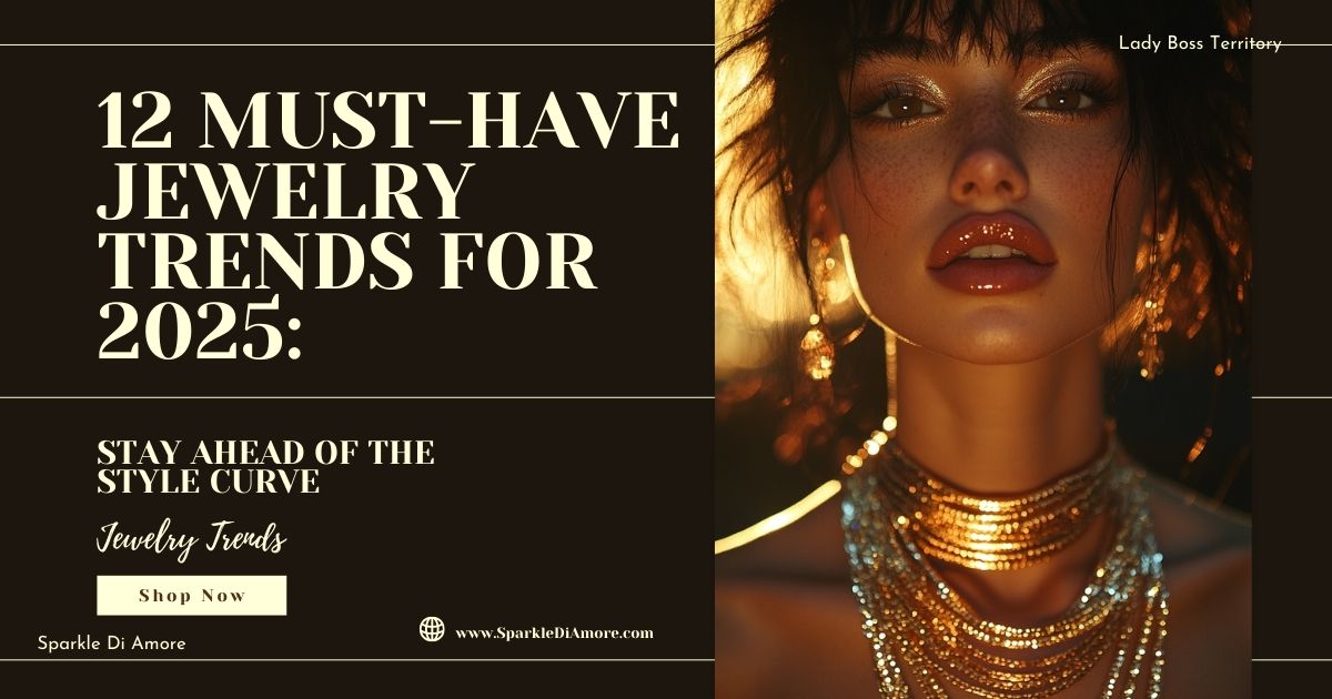 Elegant woman wearing bold gold jewelry with layered necklaces and sparkling earrings, representing top 2025 jewelry trends.