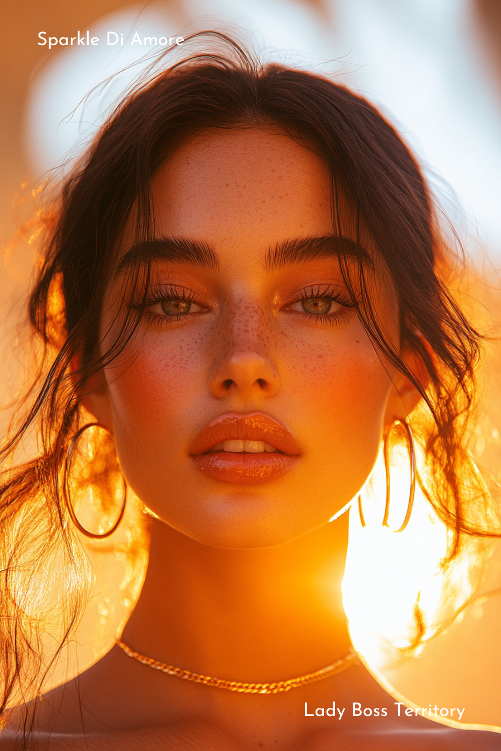 Close-up portrait of a woman wearing a trendy gold paperclip chain necklace, glowing in warm sunlight, showcasing 2025 jewelry trends