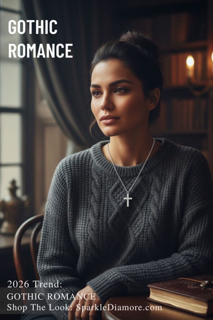 A professional woman in a grey cable-knit sweater wearing a small silver Latin cross pendant with pavé crystals in a moody library setting.