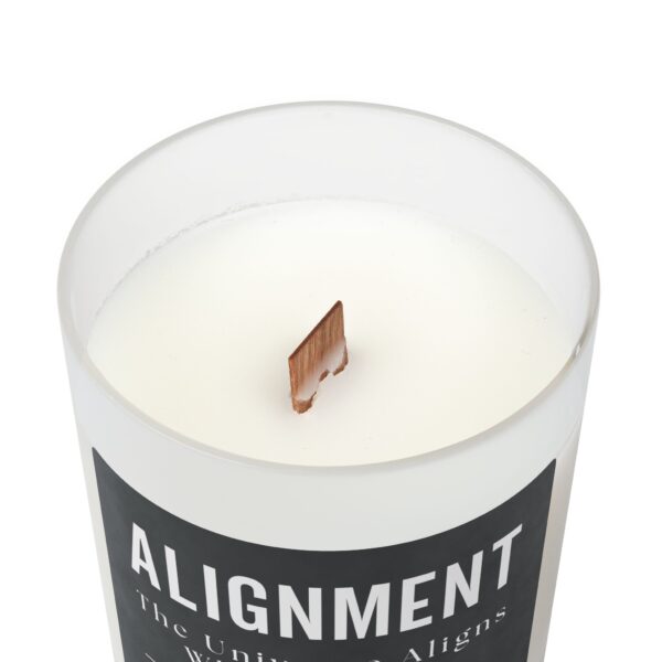 Luxury frosted glass candle with wooden lid, featuring an alignment affirmation for mindfulness, self-care, and home decor.