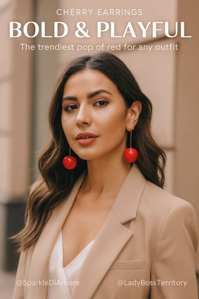 Woman wearing bold cherry earrings – playful red statement jewelry piece that elevates any outfit.
