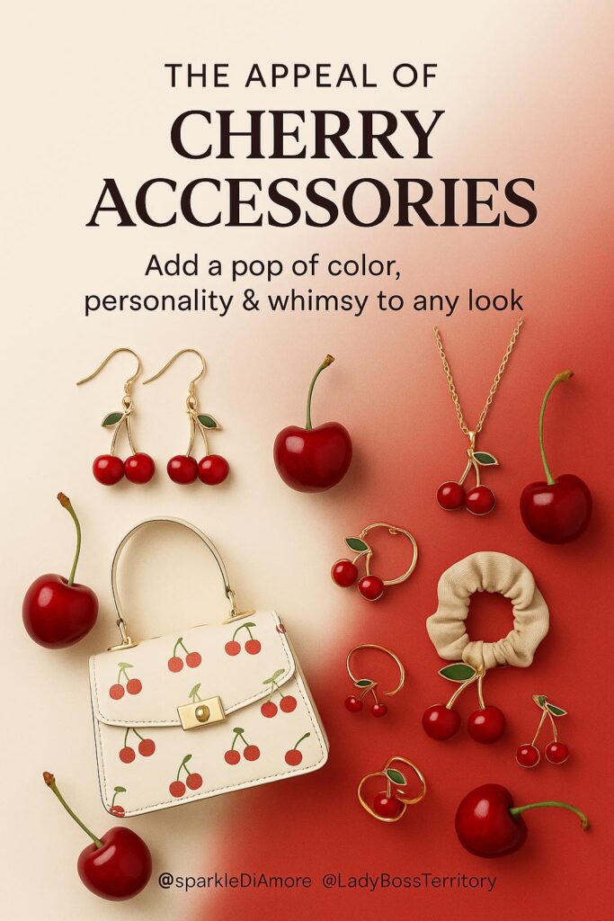Flat lay of trendy cherry accessories including cherry earrings, necklace, rings, scrunchie, and cherry print handbag.