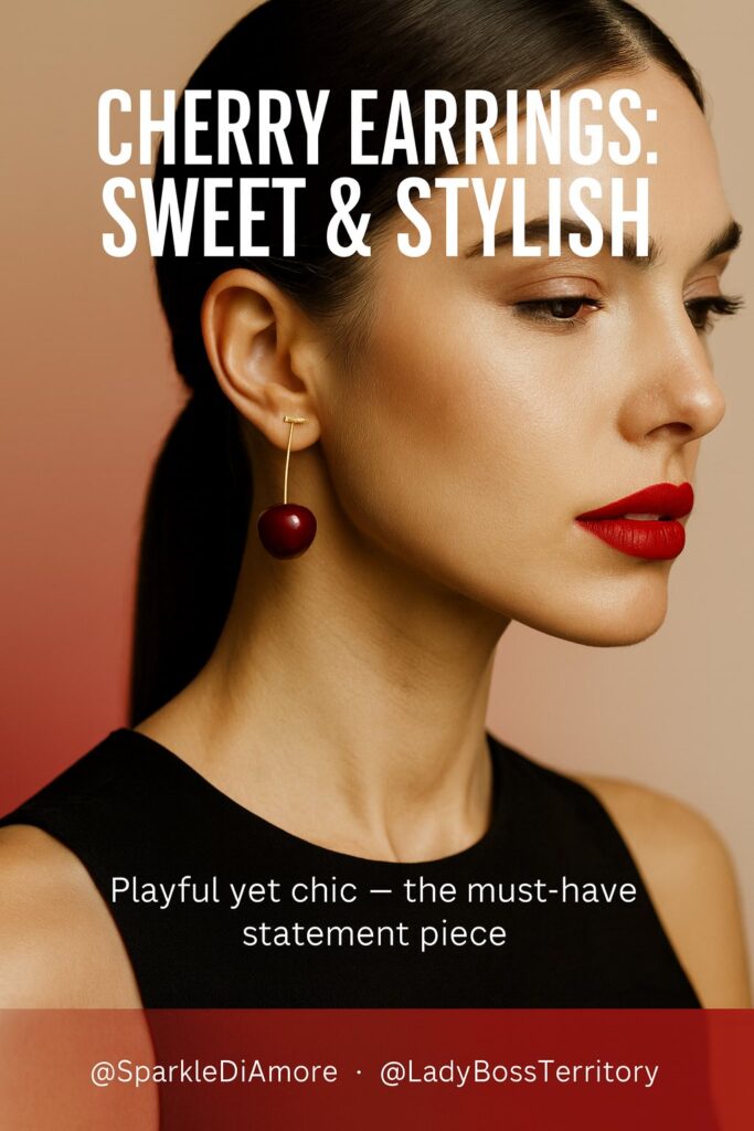 Close-up of woman wearing chic cherry earrings – playful yet stylish statement jewelry piece for fashion lovers.