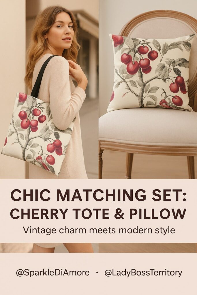 Chic matching cherry tote bag and pillow set – vintage cherry design for trendy accessories and stylish home décor.