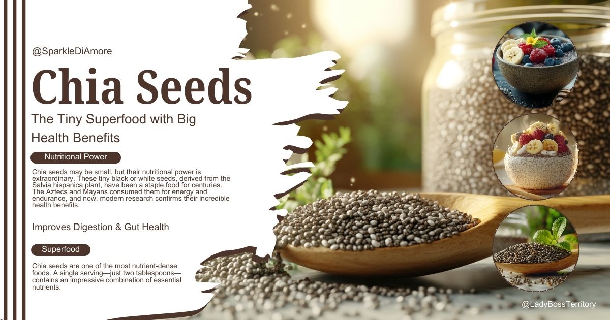 A close-up of chia seeds in a wooden spoon with a glass jar in the background, highlighting their texture, nutritional value, and superfood benefits for a healthy diet.