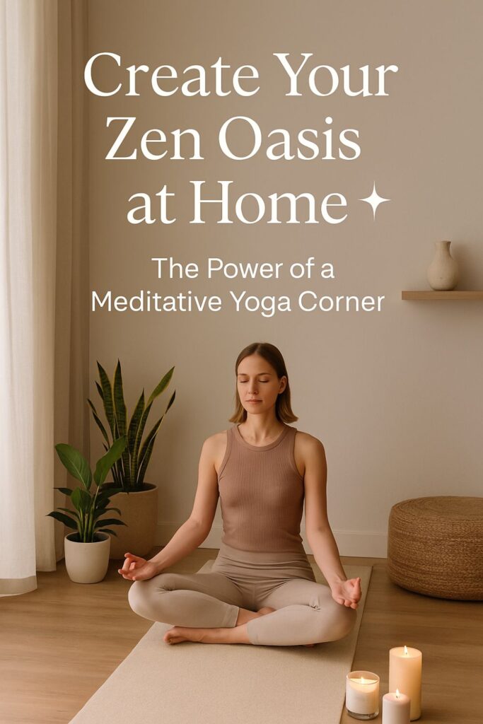 Woman meditating in a calm home yoga corner with plants, candles, and neutral decor. Text overlay: “Create Your Zen Oasis at Home – The Power of a Meditative Yoga Corner.”