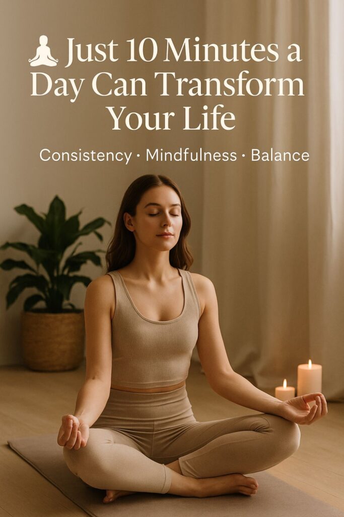 Woman meditating in a minimalist home yoga corner with candles and a plant. Text overlay: “Just 10 Minutes a Day Can Transform Your Life – Consistency, Mindfulness, Balance.”