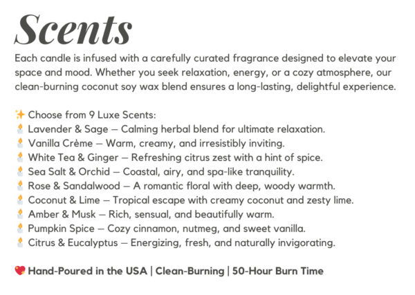 Luxury frosted glass candle with 9 premium fragrance options. Clean-burning coconut soy wax for a long-lasting and eco-friendly home ambiance.