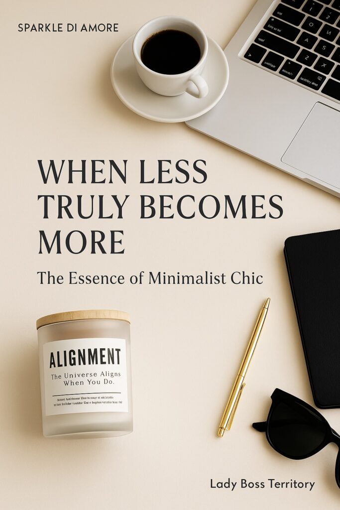 Minimalist flat lay with coffee cup, laptop, gold pen, black sunglasses, and an “Alignment” candle. Text overlay: “When Less Truly Becomes More – The Essence of Minimalist Chic.”