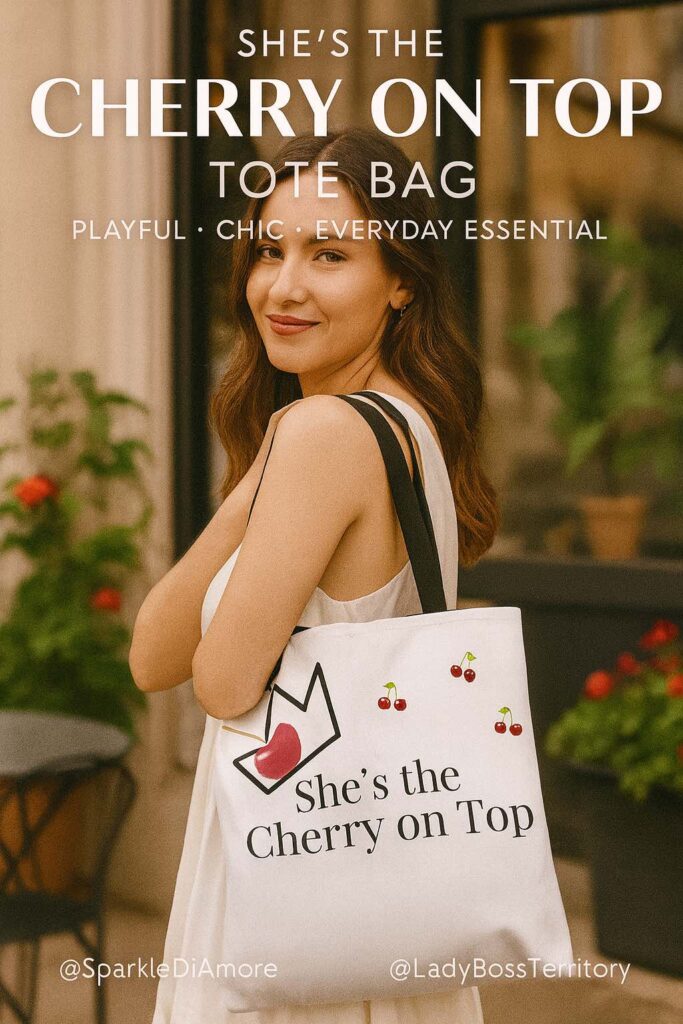 Stylish woman carrying a white tote bag with cherry design and slogan “She’s the Cherry on Top” – chic everyday accessory.