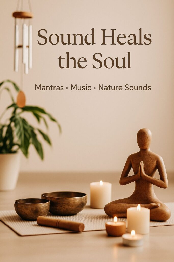 Zen meditation setup with Tibetan singing bowls, wooden meditation statue, candles, and wind chimes. Text overlay: “Sound Heals the Soul – Mantras, Music, Nature Sounds.”
