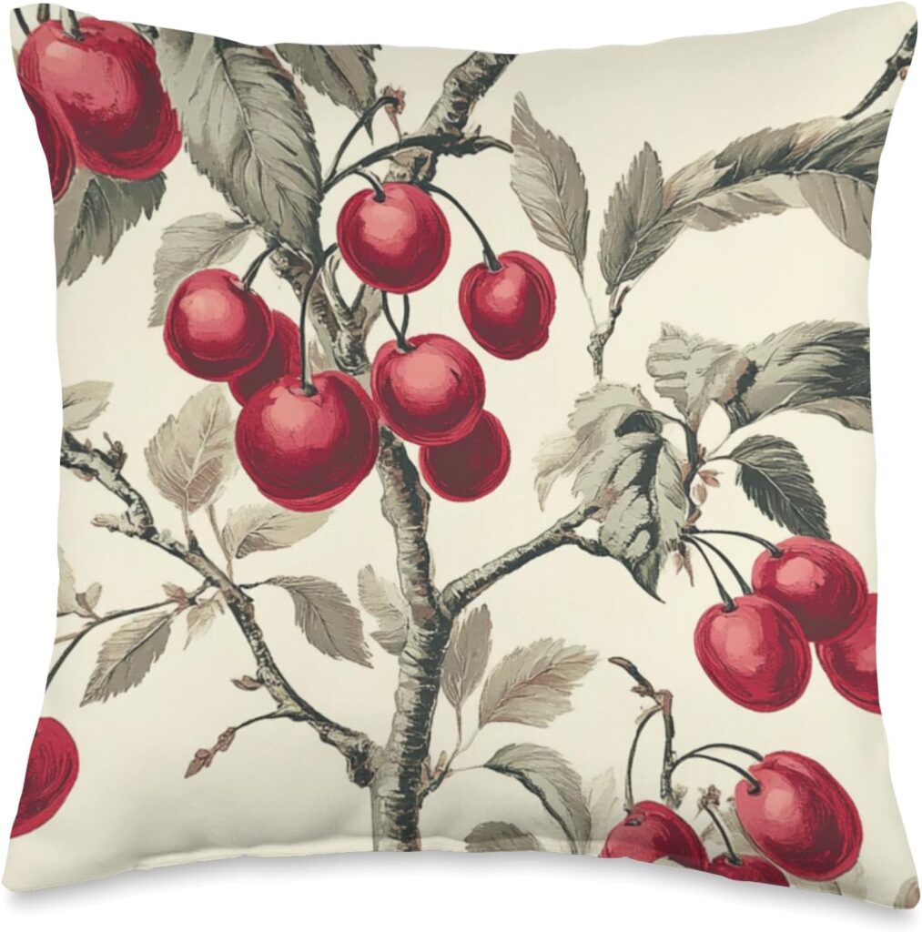 Elegant decorative pillow with a vintage cherry tree print—perfect for retro home decor and classic interior design.