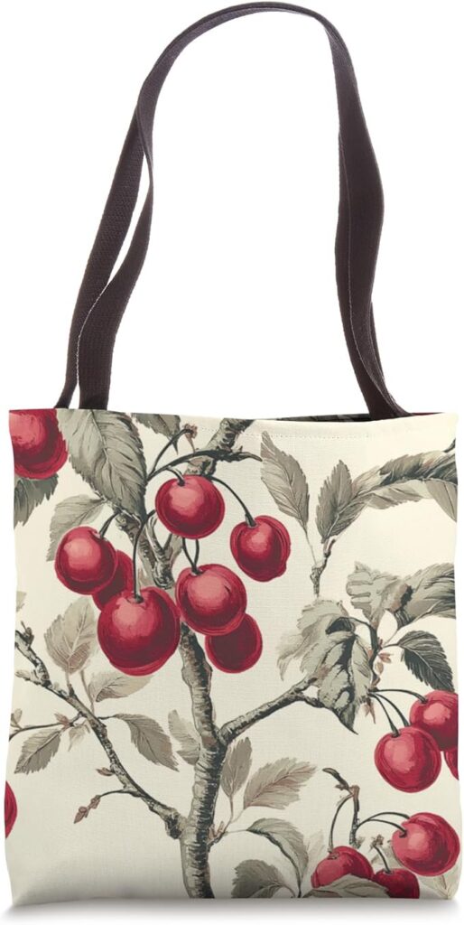 Elegant tote bag featuring a vintage cherry tree illustration—perfect for retro fashion lovers and timeless style.