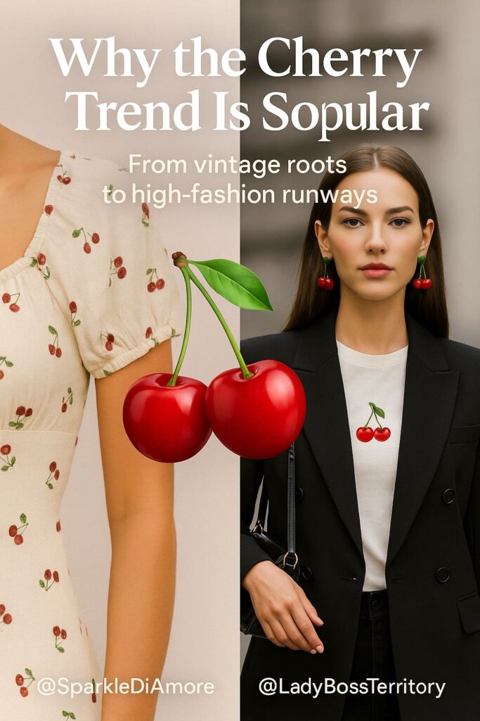 Cherry fashion trend collage – vintage cherry dress and modern street style with cherry earrings and top.
