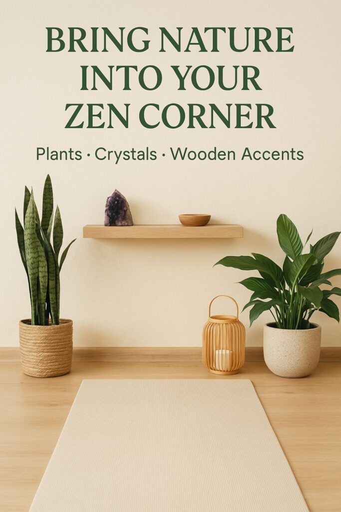 Minimalist zen yoga corner with green plants, amethyst crystal, wooden accents, and neutral yoga mat. Text overlay: “Bring Nature Into Your Zen Corner – Plants, Crystals, Wooden Accents.”