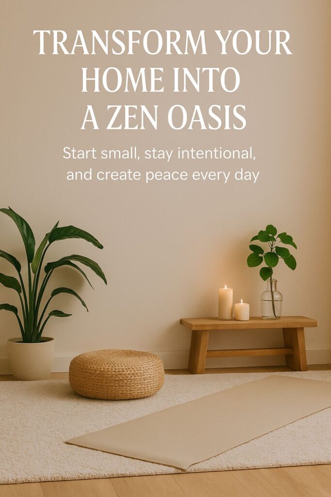 Minimalist zen yoga corner with meditation mat, woven cushion, candles, wooden bench, and houseplant. Text overlay: “Transform Your Home Into a Zen Oasis – Start small, stay intentional, create peace every day.”