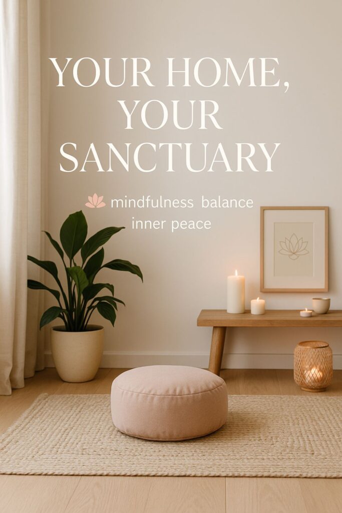 Minimalist zen home decor with meditation cushion, candles, houseplant, and wall art. Text overlay: “Your Home, Your Sanctuary – mindfulness, balance, inner peace.”