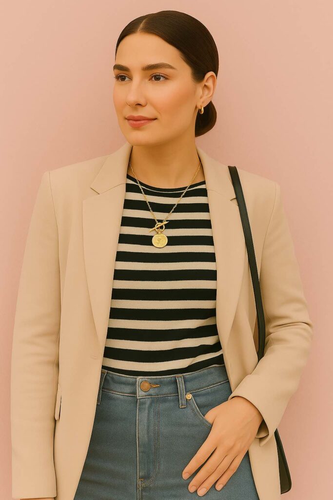 Woman styled in a beige blazer over a black-and-white striped top, showcasing an 18K gold-filled Parisian necklace with a medallion pendant, paired with classic blue denim.