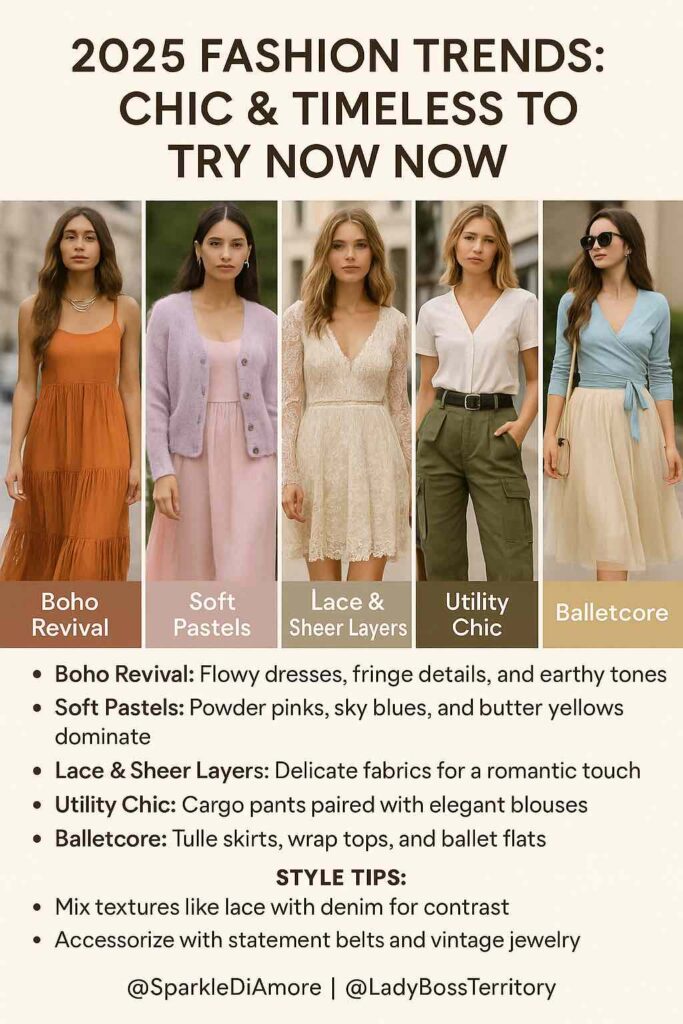 Collage of trendy women’s outfits for 2025, featuring boho revival, soft pastels, lace layers, utility chic, and balletcore styles