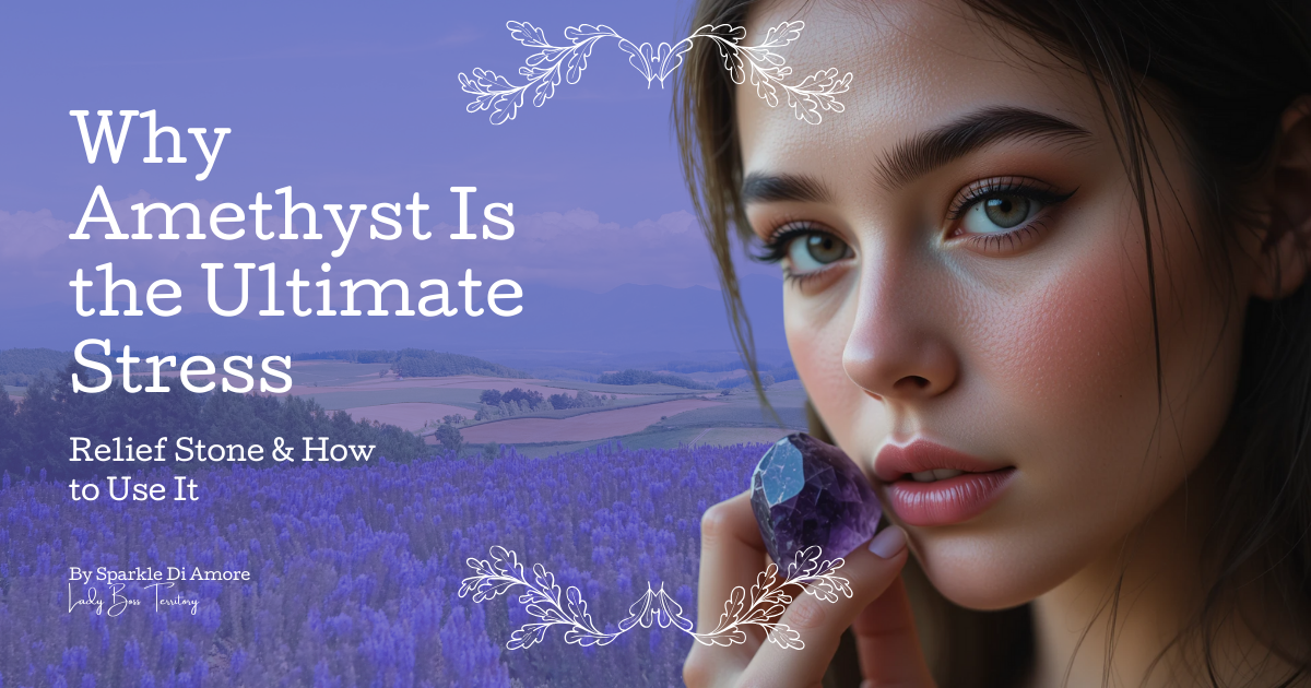 Woman holding amethyst crystal for stress relief with calming lavender field background.
