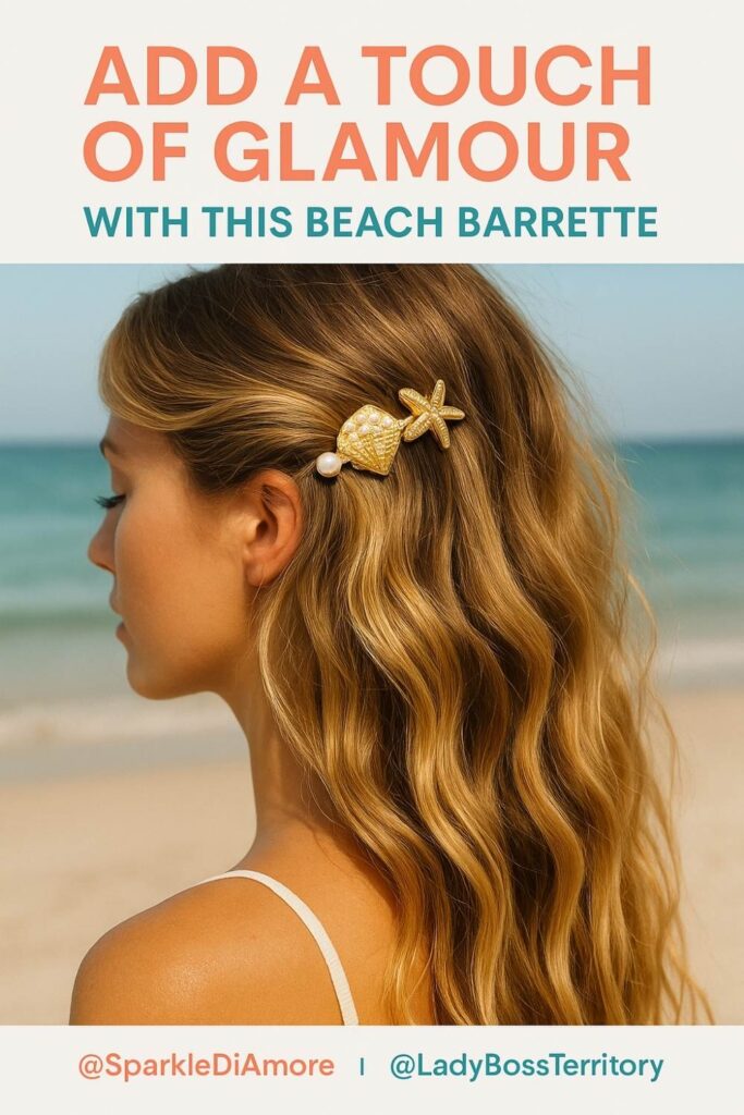 Woman with beach waves wearing a glamorous gold seashell and starfish barrette by the ocean.