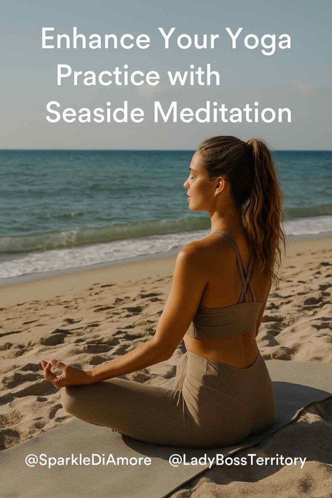 Woman practicing yoga on the beach facing the ocean during a meditative sunrise session