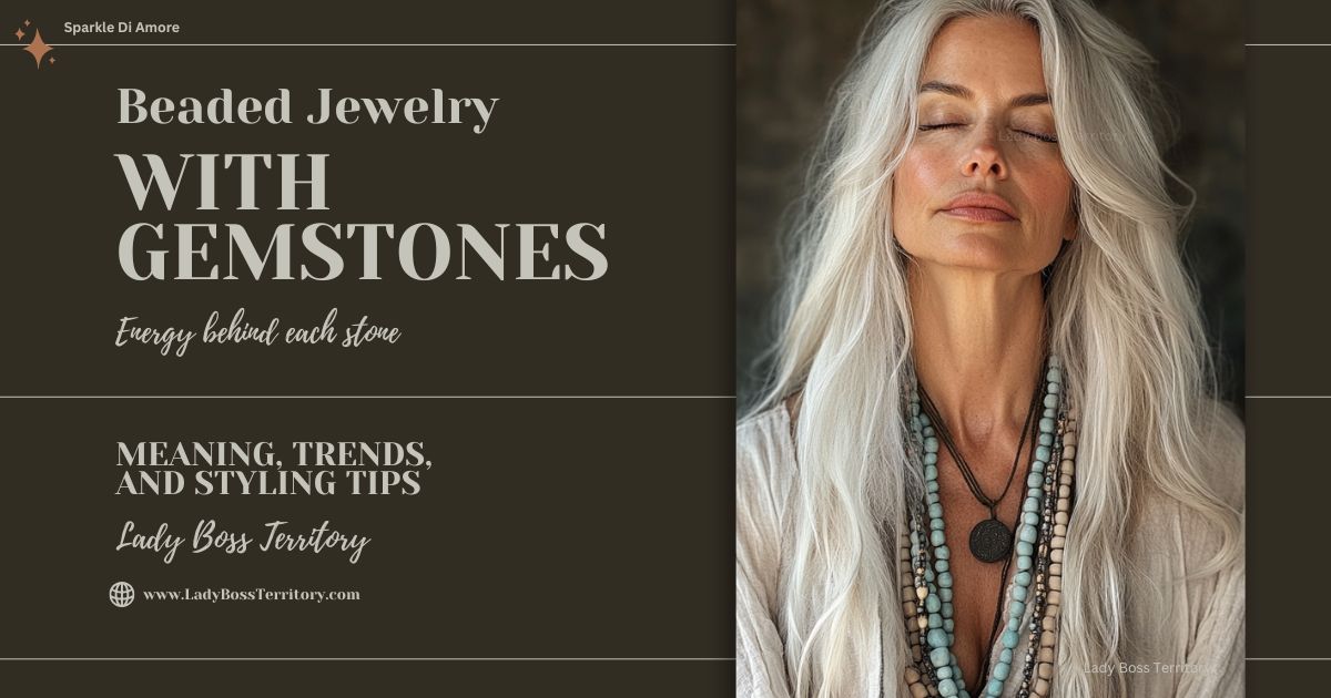 A serene, silver-haired woman wearing layered beaded gemstone necklaces, exuding elegance and spiritual energy, against a neutral background.