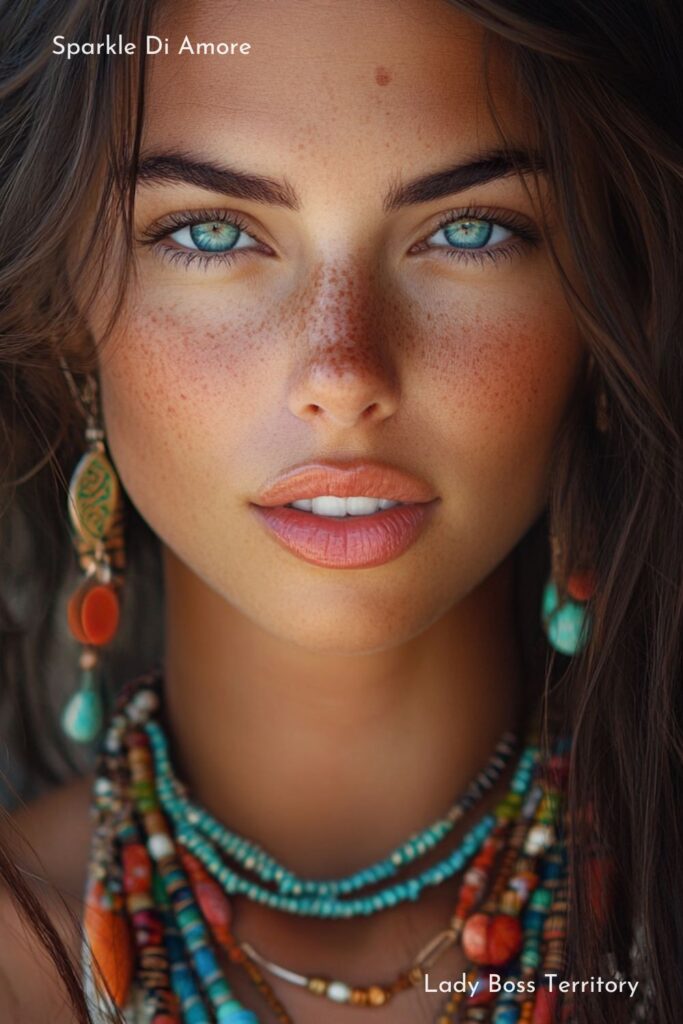 A stunning bohemian woman with striking blue eyes, wearing a handmade turquoise mala necklace and colorful beaded jewelry. A perfect blend of natural beauty and spiritual elegance.
