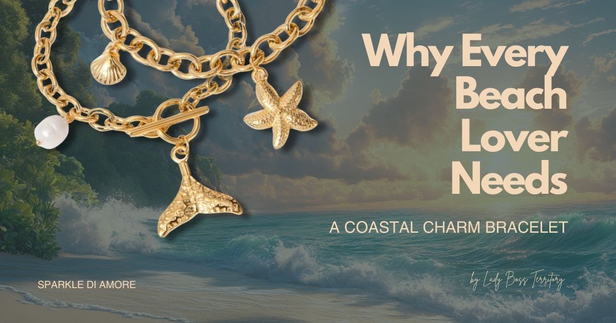 Gold coastal charm bracelet featuring seashell, starfish, and pearl charms, displayed against a tropical beach background with ocean waves and lush greenery.