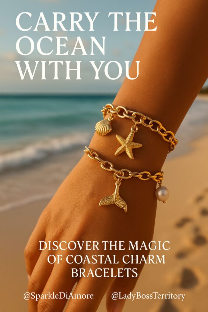 Close-up of a gold coastal charm bracelet with seashell, starfish, mermaid tail, and pearl charms worn on a beach.