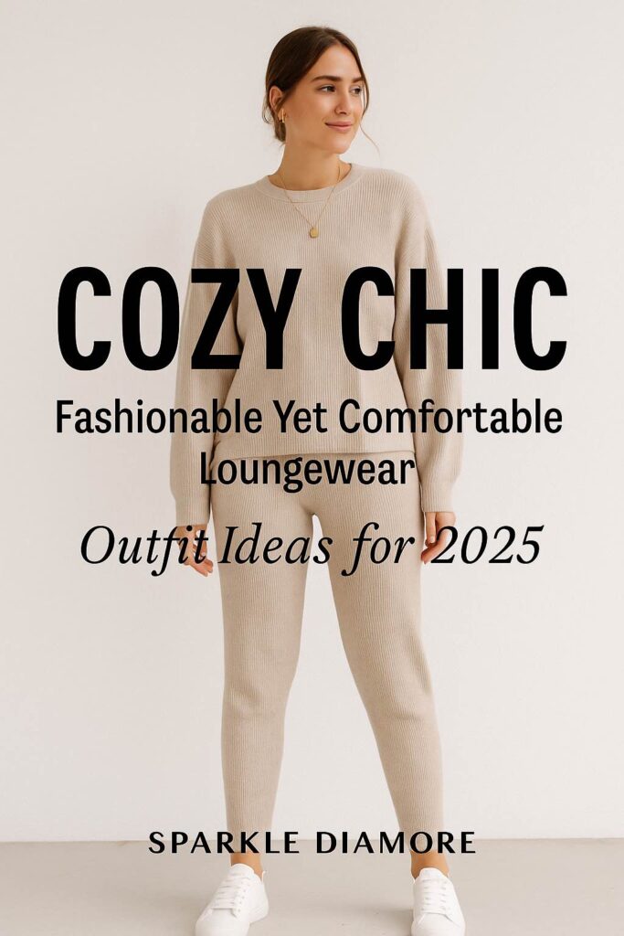 Stylish woman in neutral-toned ribbed knit loungewear set, combining fashion and comfort for a cozy chic look in 2025
