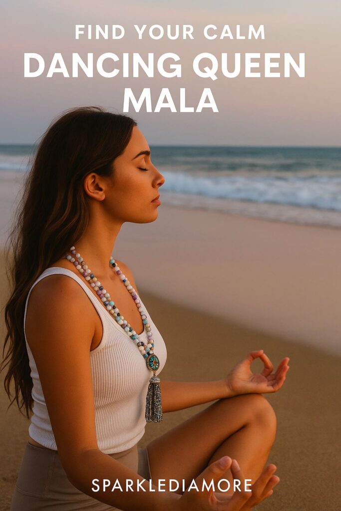 Woman meditating on the beach wearing the Dancing Queen gemstone mala necklace for yoga and mindfulness.
