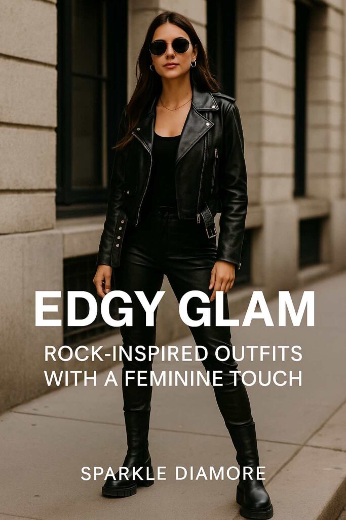 Confident woman in an all-black leather outfit with biker jacket and boots, embodying rock-inspired edgy glam style for 2025