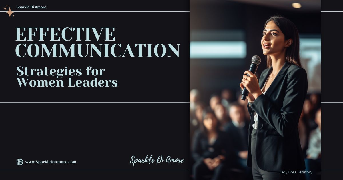 Confident female leader in a black blazer speaking to an audience, emphasizing effective communication strategies for women in leadership.