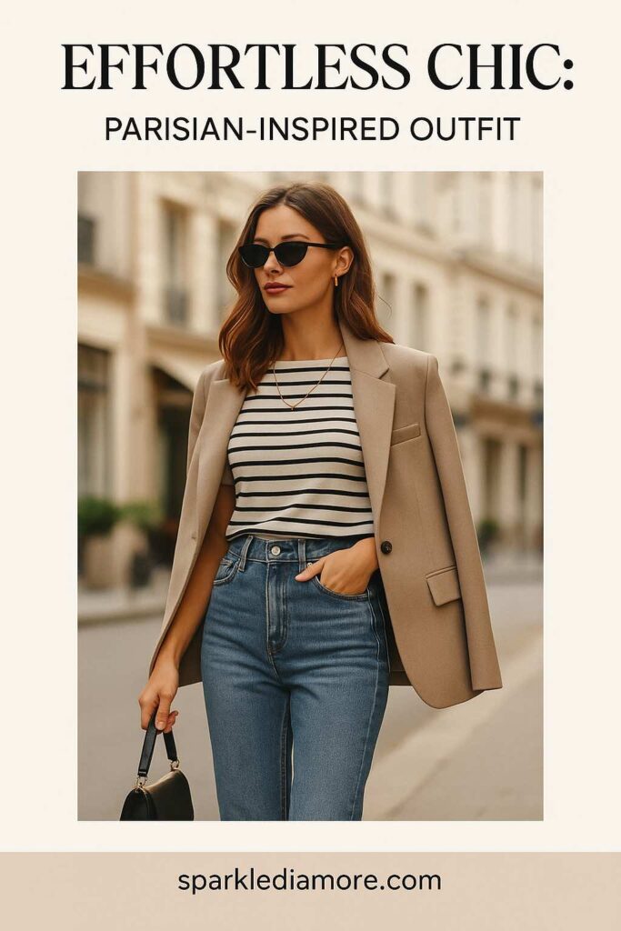 Chic woman in a striped top, beige blazer, and high-waisted jeans, exemplifying Parisian-inspired effortless chic style