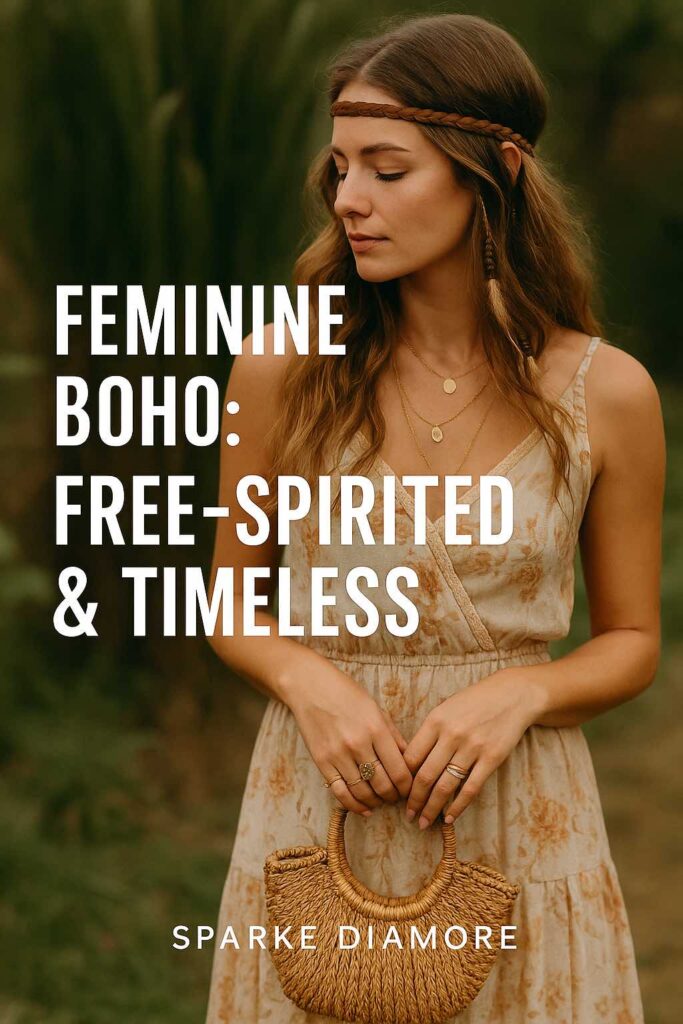 Free-spirited woman in a flowy boho dress with layered jewelry and a woven handbag, representing feminine boho fashion