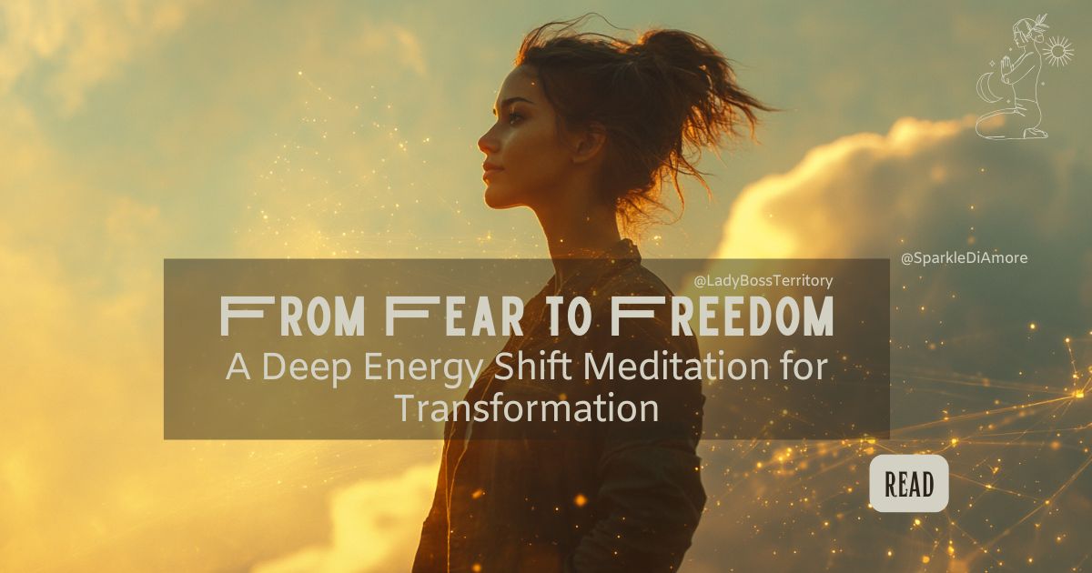 A confident woman standing against a golden sky, radiating energy and transformation, symbolizing inner strength, freedom, and personal growth through meditation.