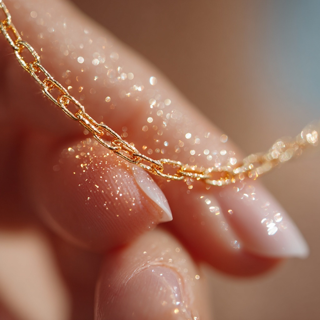 Close-up of a gold paperclip necklace with sparkling chain details.