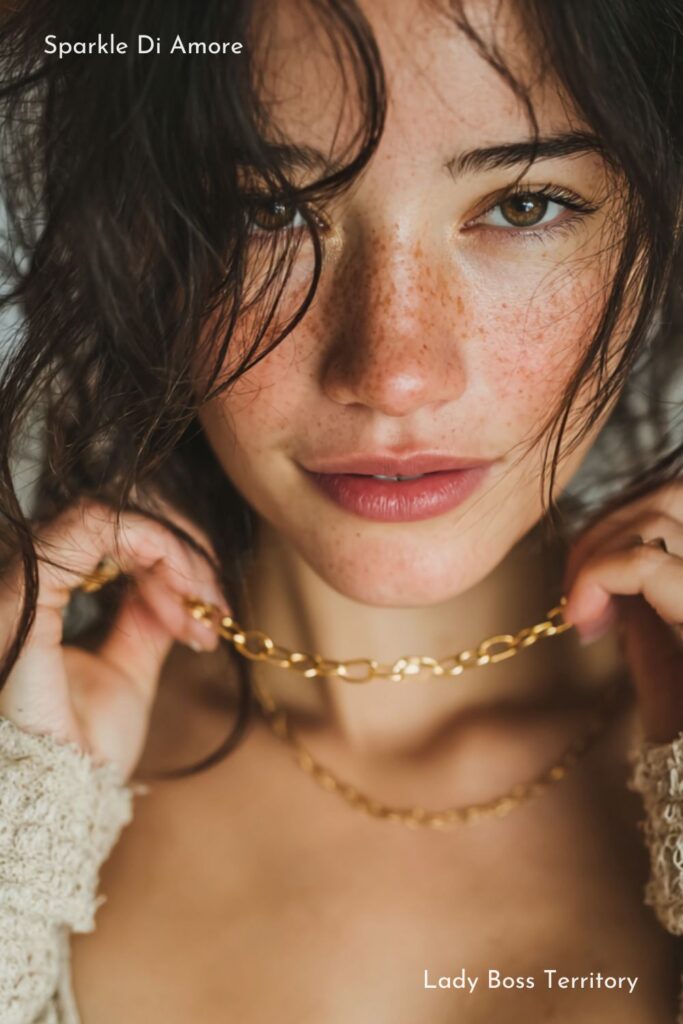 Close-up of woman wearing a gold paperclip necklace – minimalist jewelry from Sparkle Di Amore.