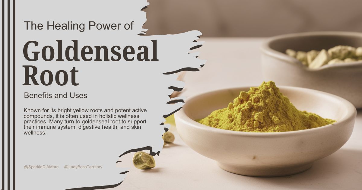 Goldenseal root powder in a ceramic bowl with dried goldenseal pieces in the background, highlighting its uses in holistic health and natural remedies.